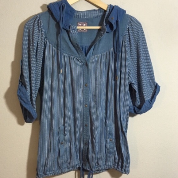 FREE PEOPLE Striped Blue Denim Chambray Hooded Button Front Top - Picture 10 of 10